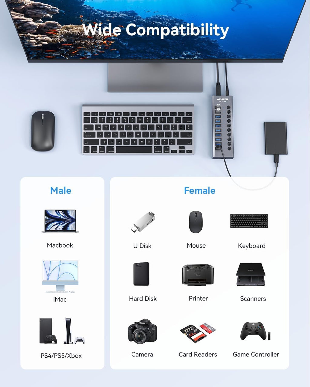 WENTER, hub USB 3.0 de 10 puertos, alimentado, adaptador 12V/3A