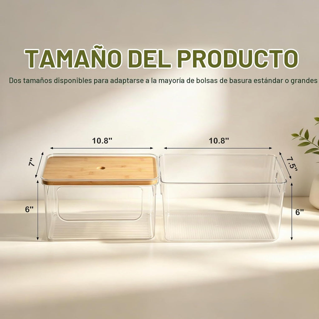 Dispensador de bolsas de basura acrílicas 2 en 1 debajo del fregadero, soporte para bolsas de basura con parte superior de bambú apilable para cocina, despensa, cuarto de servicio
