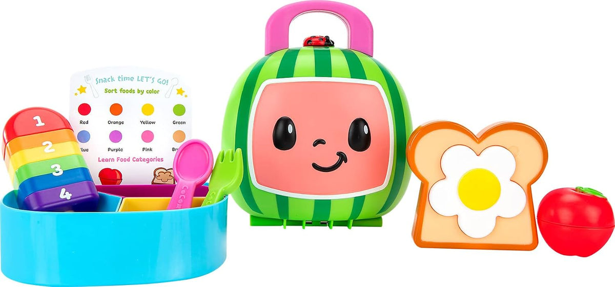CoComelon Juego de lonchera – Incluye lonchera, bandeja de 3 piezas, tenedor, cuchara, tostadas con huevo, manzana, paleta, tarjeta de actividades, juguetes para niños, niños pequeños y preescolares