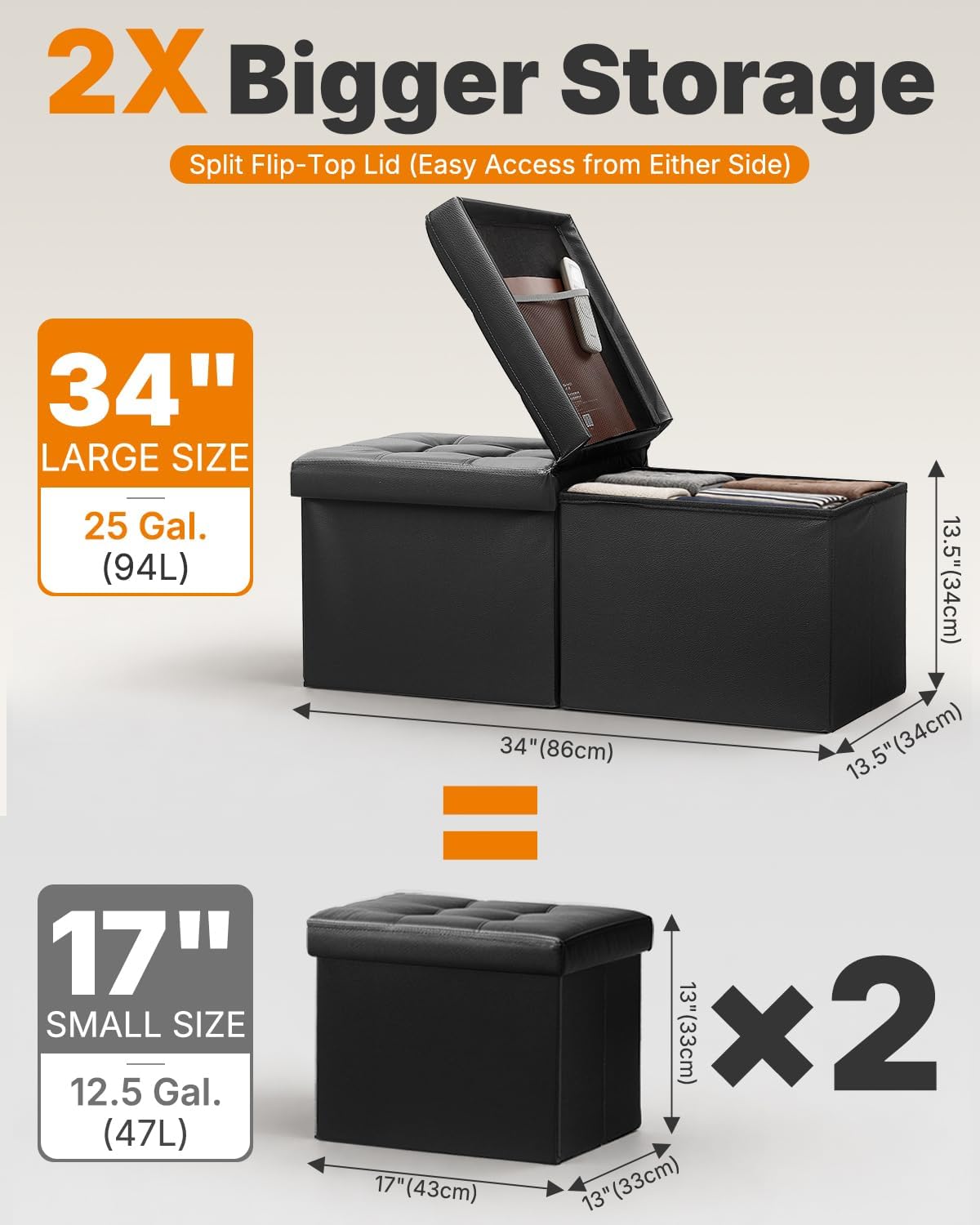 AmasSmile Reposapiés Otomano Banco con Almacenamiento, 34 Pulgadas Reposapiés de Cuero Negro, Mesa de Centro, Asiento Acolchado, Baúl de Almacenamiento, Almacén de Mantas con Tapa Abatible para Sala