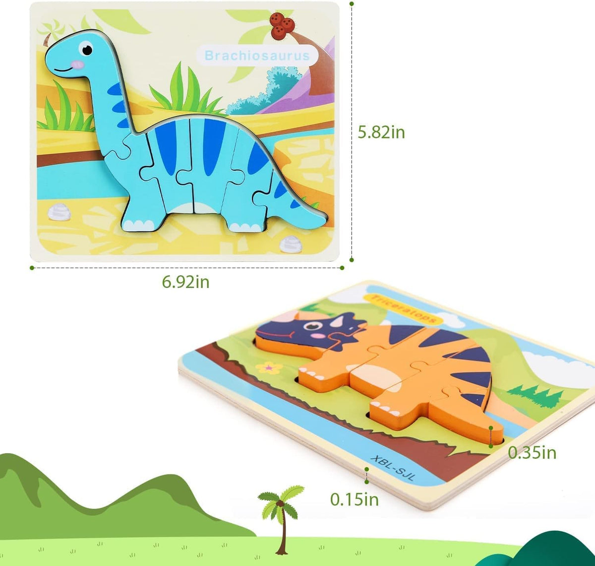 TOY Life Paquete de 15 rompecabezas de madera para niños pequeños, incluye 7 rompecabezas de dinosaurios, 8 rompecabezas de animales