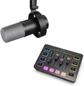FIFINE Mezclador de audio para juegos y paquete de micrófono dinámico XLR/USB, mezclador RGB de 4 canales para transmisión con interfaz de micrófono XLR, alimentación fantasma de 48V para juego, voz