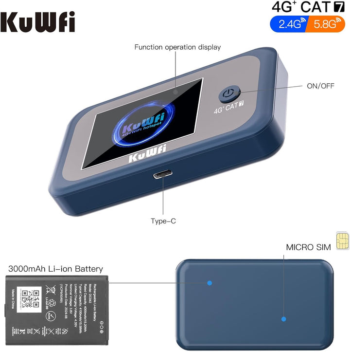 KuWFi Hotspot WiFi portátil para exteriores, enrutador WiFi 4G LTE...