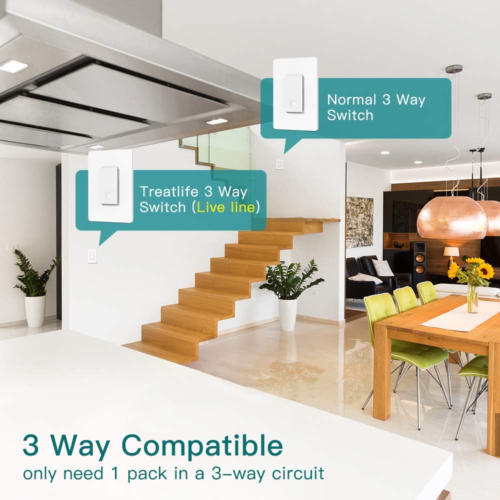 TREATLIFE Paquete de 4 interruptores inteligentes de 3 vías, requiere cable neutro, interruptor de luz inteligente WiFi de 2.4 GHz, funciona con Alexa y Google Home, control remoto, certificado FCC, no requiere concentrador