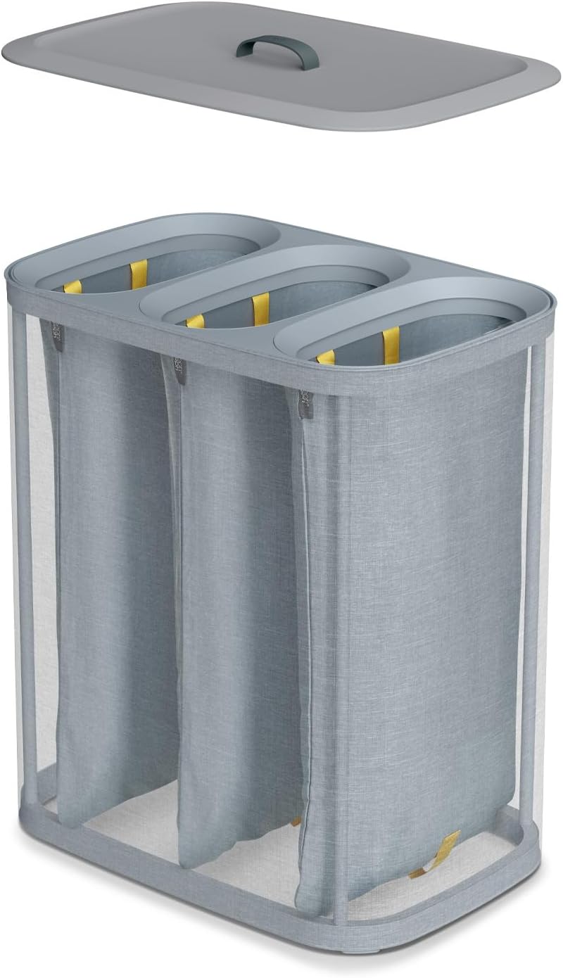 Joseph Joseph Tota Trio 90 litros/23.8 galones Cesta de lavandería con separación y tapa, 3 bolsas de lavado extraíbles con asas - Gris