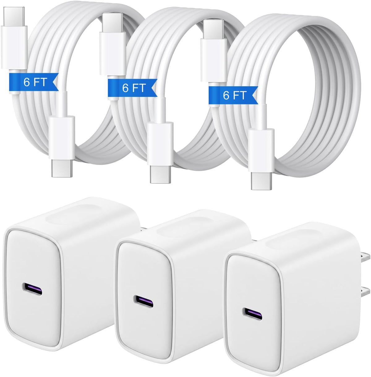 Cargador de carga rápida para iPhone 18, 17, 16, 15, 3 unidades, cargador USB C y cable de 6 pies