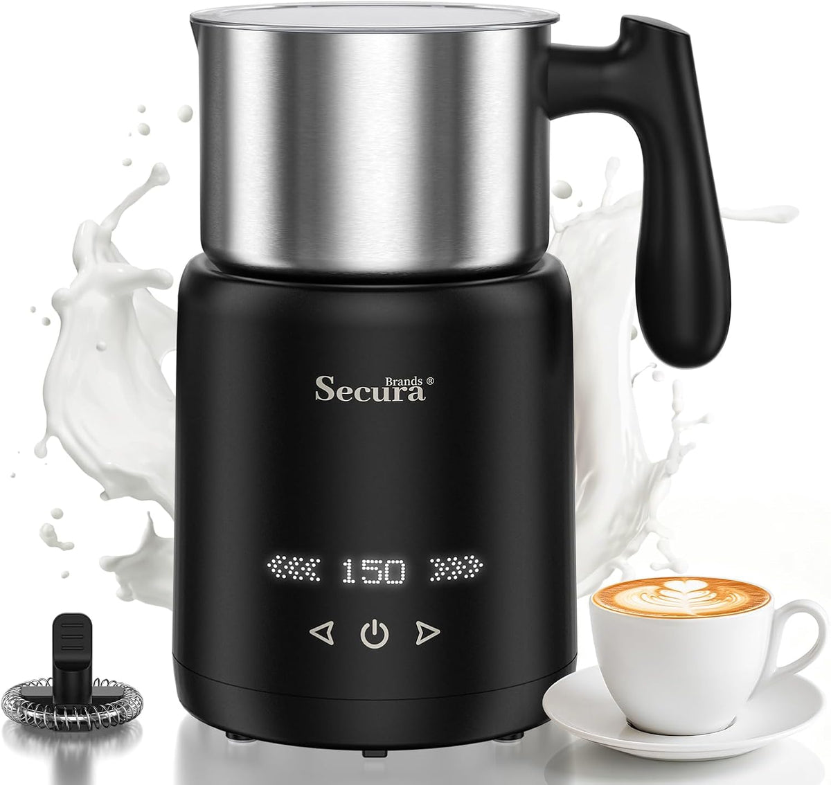 Secura Espumador de leche IH 8 en 1, jarra de acero inoxidable de 20 onzas