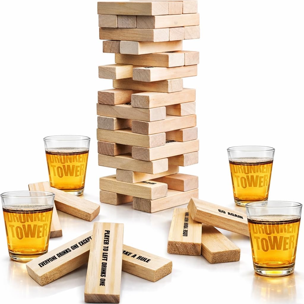 ArtCreativity Juegos de beber en torre para adultos, con 4 vasos y 60 bloques de madera con desafíos, divertidos juegos de fiesta para adultos para la noche de juegos, gran idea de regalo para todos