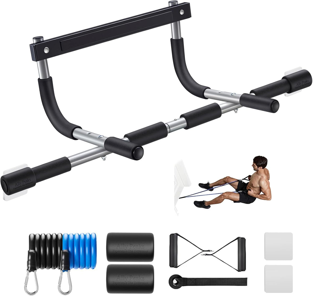 Ally Peaks Barra de dominadas para puerta | Límite máximo de acero grueso de 440 libras para la parte superior del cuerpo | Fuerza de agarre múltiple para puerta | Barra de dominadas interior para