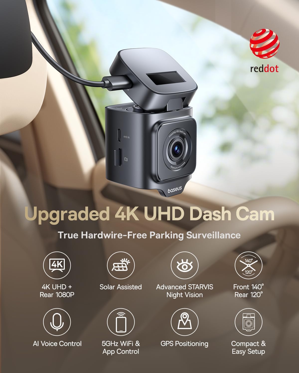 Baseus VD1 Pro Cámara solar para tablero frontal y trasera, cámara de tablero 4K+1080P para automóviles, modo de estacionamiento alimentado por batería, visión nocturna Starvis