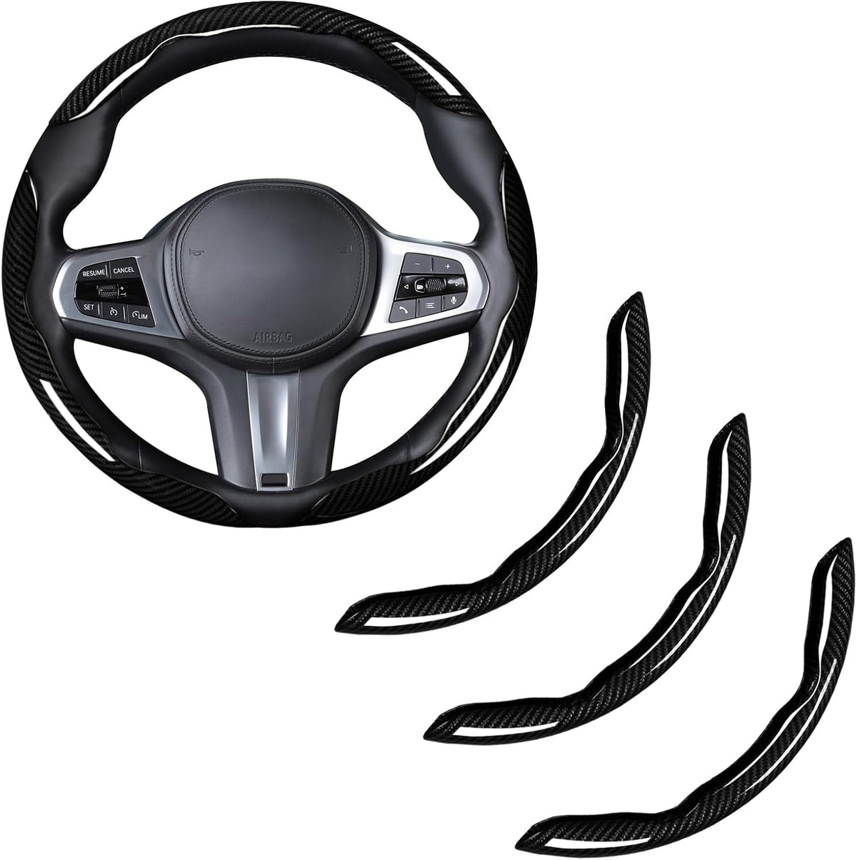 Cubierta de volante de fibra de carbono, juego de accesorios de volante de coche con cierre de presión 3 piezas, protector antideslizante con envoltura, universal, negro brillante
