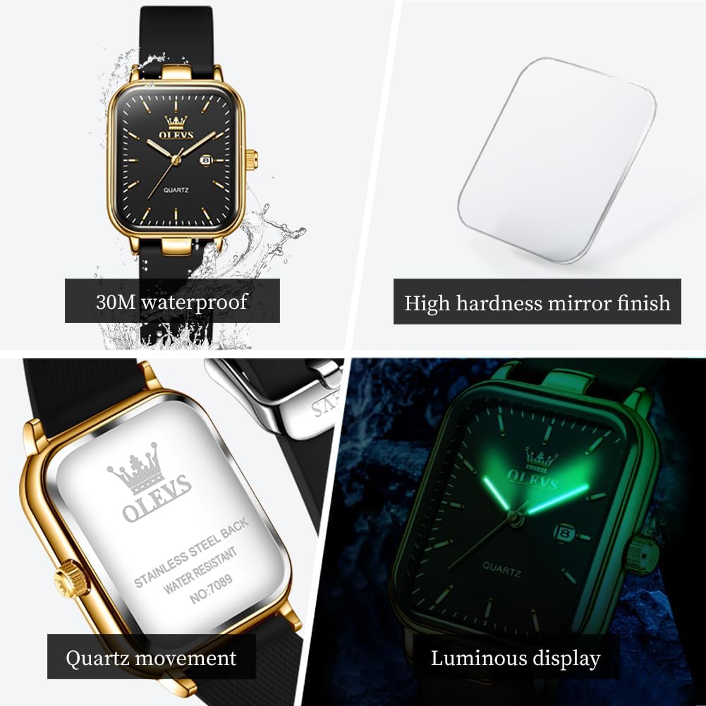 OLEVS Reloj para Mujer Casual Fashion Cuadrante Cuadrado Correa de Silicona Negra Elegante Delicado Cuarzo a Prueba de Agua Lectura Fácil
