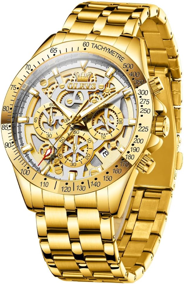 OLEVS Reloj para Hombres Esqueleto Negocio Vestir Acero Inoxidable Impermeable Luminoso Reloj de Pulsera para Hombres