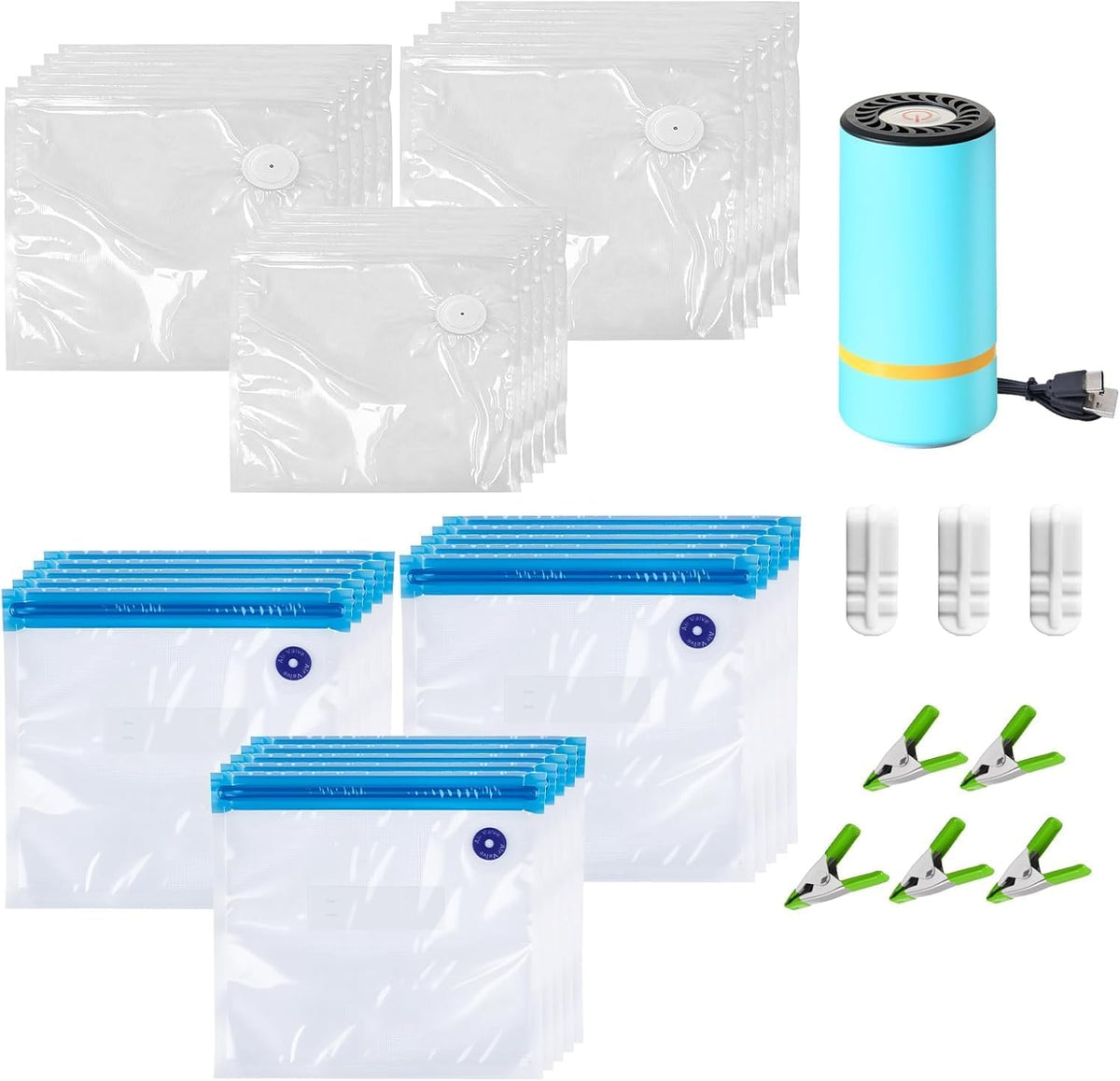 MEGAWISE Paquete de 39 bolsas selladas al vacío sin BPA con bomba de aire, bolsas reutilizables para almacenamiento de alimentos en 3 tamaños, con/sin válvula, aptas para microondas y congelador, para