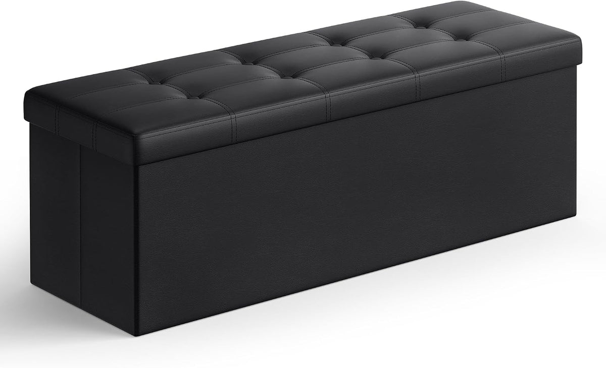 Banco de asiento plegable otomano Songmics, taburete reposa pies de piel sintética, Madera, Negro