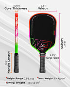 Warping Point Pala de pickleball Neon Gen 3, aprobada por UPA-A, fibra de carbono T700 cruda de triple capa, núcleo EdgeFusion de 16 mm, marco termoformado, giro a nivel de torneo, control y potencia