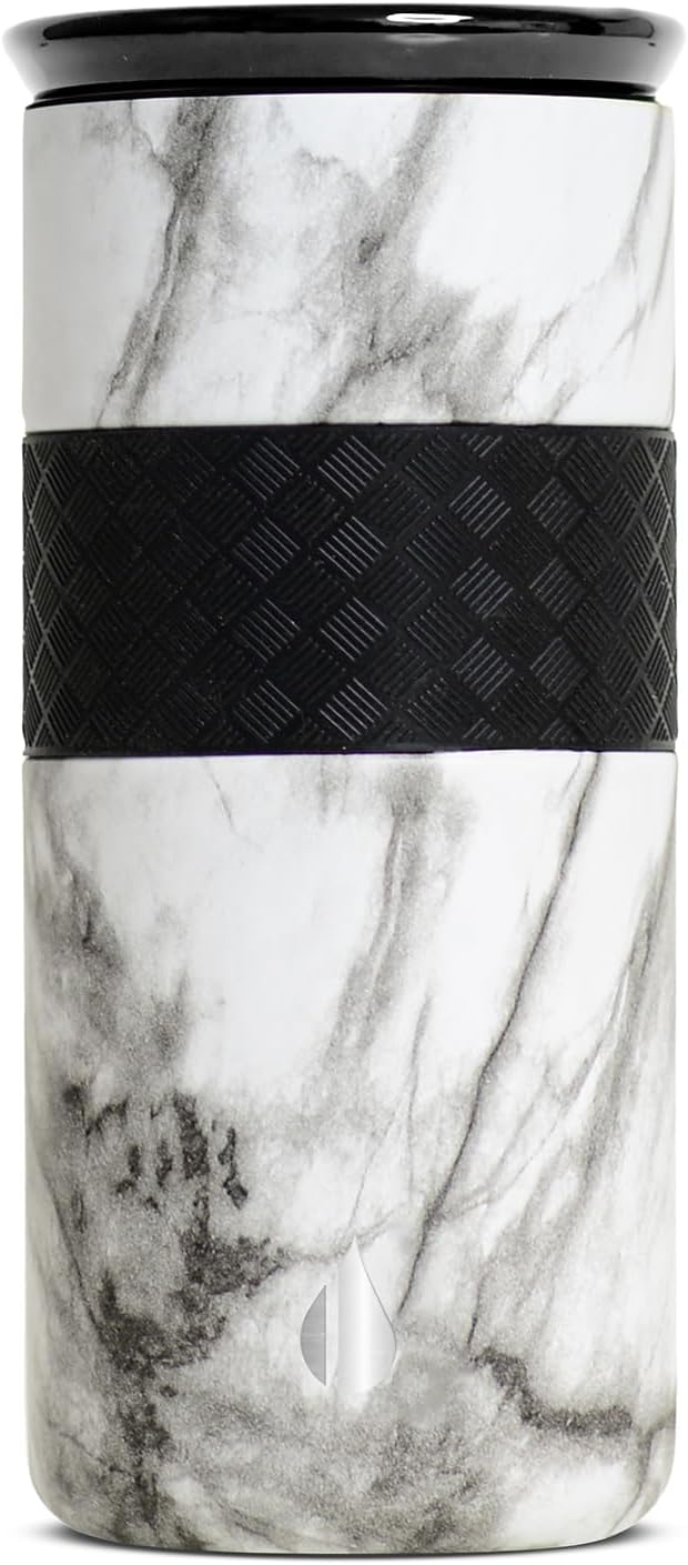 Elemental Vaso aislado artesanal, vaso de viaje para café de triple pared, reutilizable, de acero inoxidable con tapa de cerámica, taza de café térmica para bebidas calientes (6 horas) y frías (18