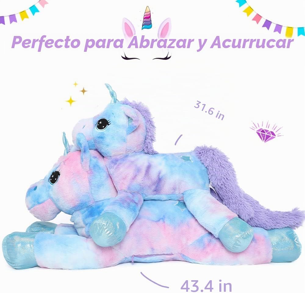 Muiteiur Animal de peluche de unicornio de 31.6 pulgadas, unicornio de peluche grande para niñas, almohada de felpa suave, regalos para niñas y niños, azul