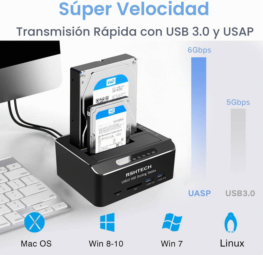 RSHTECH Estación de acoplamiento para disco duro, base SATA de doble bahía