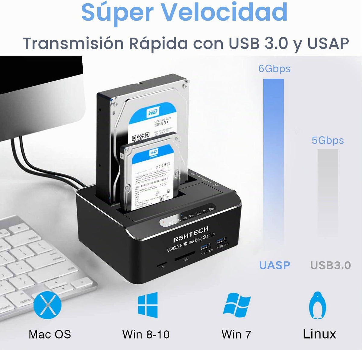 RSHTECH Estación de acoplamiento para disco duro, base SATA de doble bahía