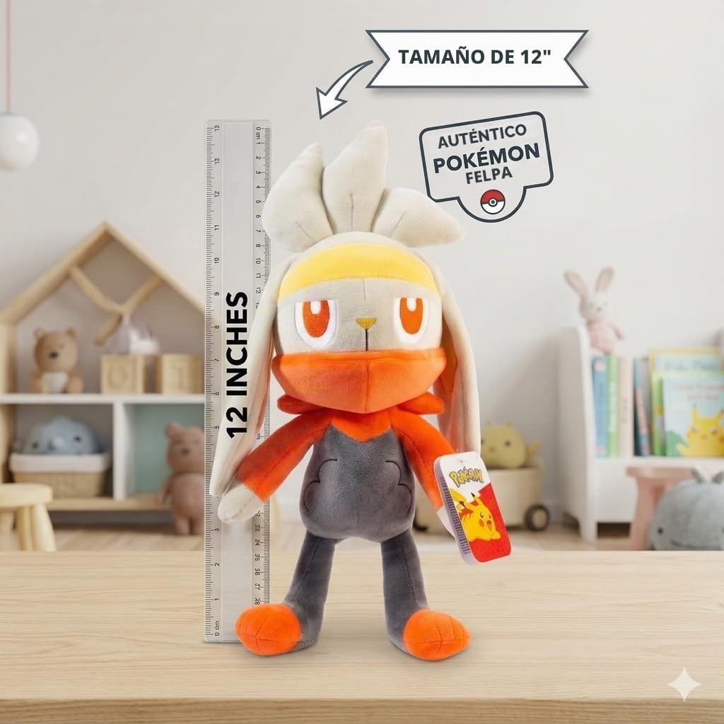 Pokémon Peluche oficial de Raboot de 12 pulgadas, animal de peluche grande y suave de Sword & Shield Scorbunny Evolution, auténtica figura de Pokémon con licencia de regalo, para niños, niñas