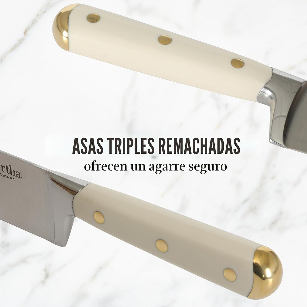 Martha Stewart Lockton - Juego de 16 cuchillos de chef de acero inoxidable de alto carbono forjados, bloque de madera de acacia, asas triples remachadas, lino blanco y dorado