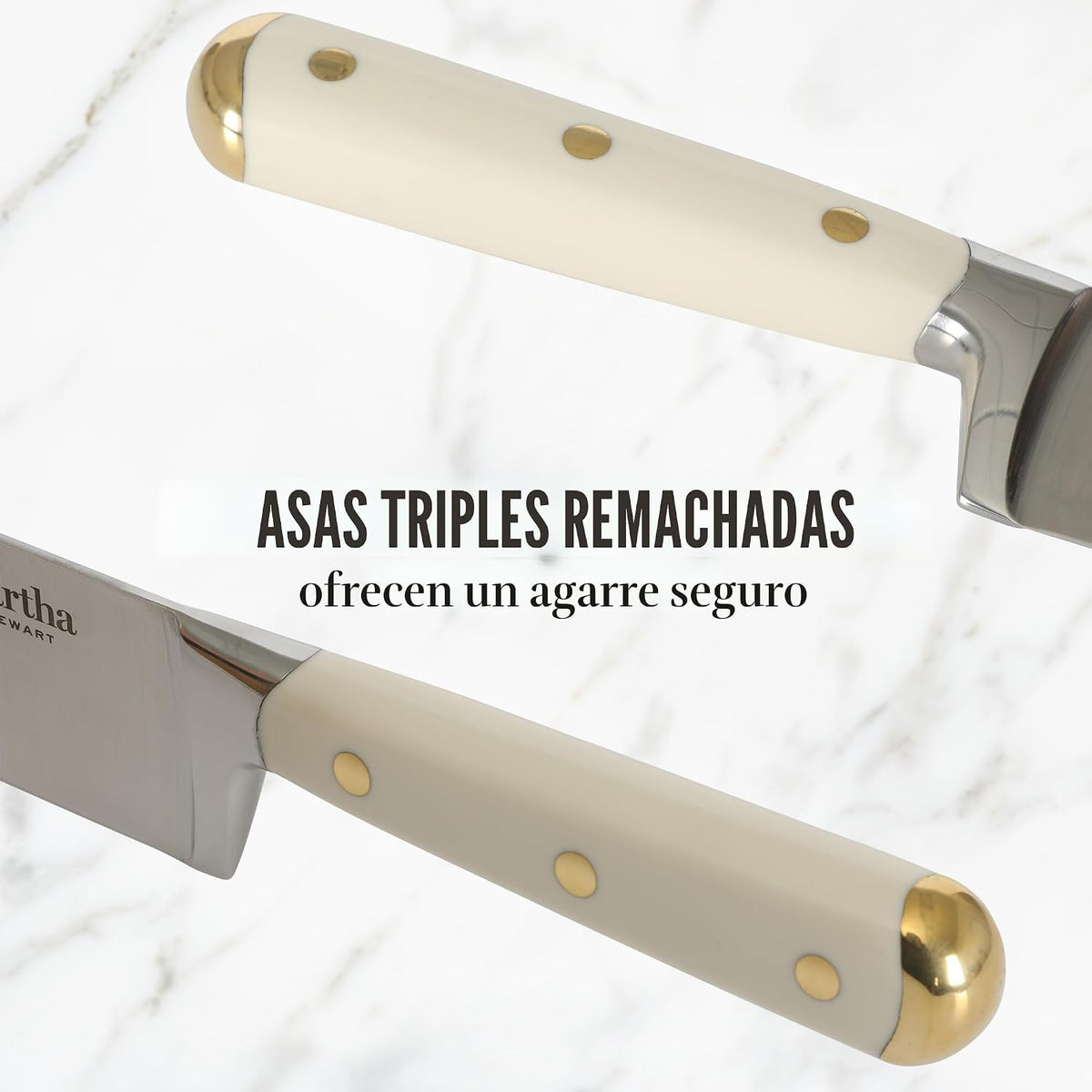 Martha Stewart Lockton - Juego de 16 cuchillos de chef de acero inoxidable de alto carbono forjados, bloque de madera de acacia, asas triples remachadas, lino blanco y dorado