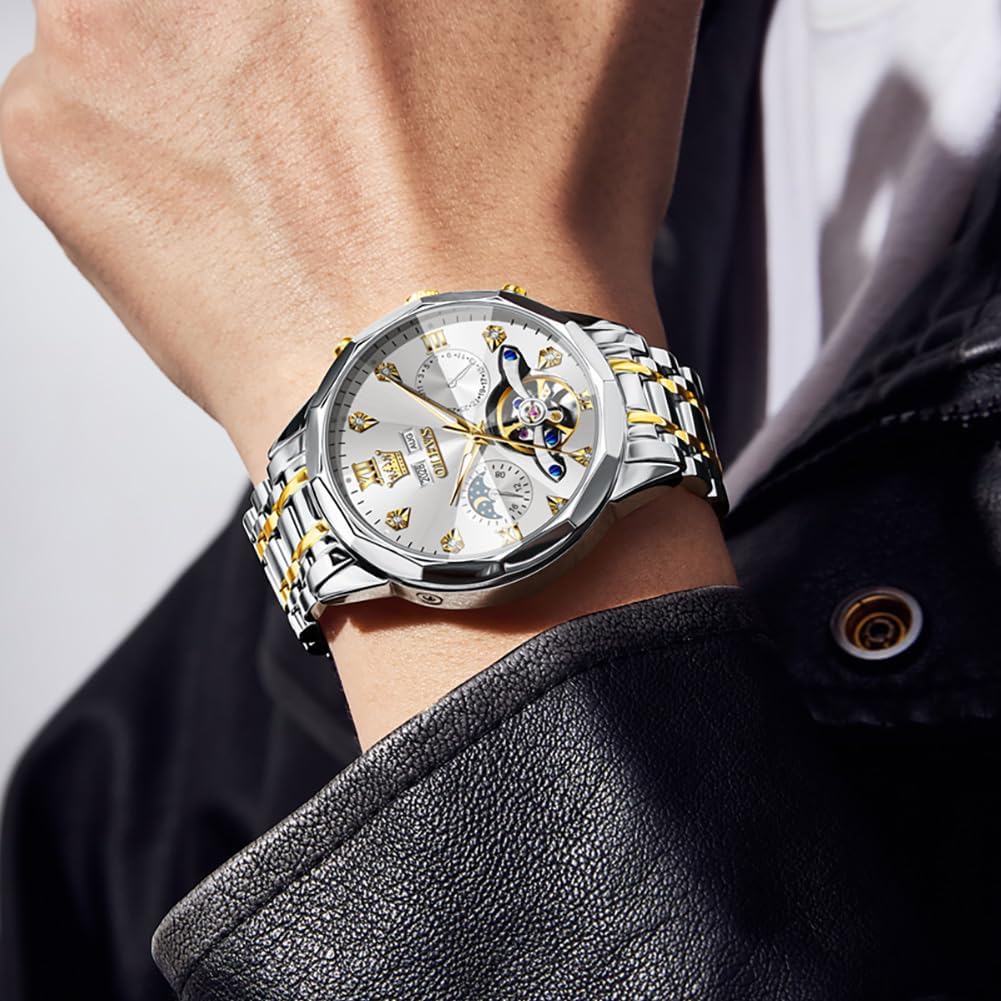 Reloj OLEVS Skeleton para Hombre Automático de Negocios Lujo con Diamante, Reloj Automático de Carga, Reloj de Pulsera con Calendario de Acero Inoxidable