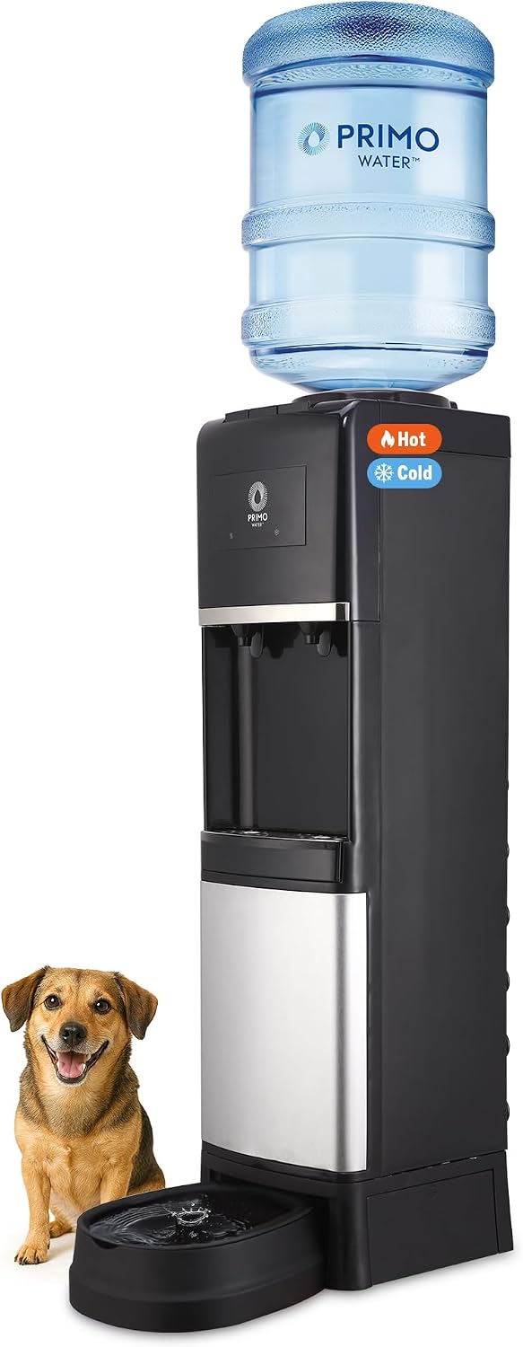 Dispenser de agua Primo para botella de 5 galones con estación de bebida para mascotas - Enfriamiento y calentamiento superior con carga de agua