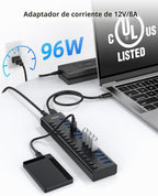 AGEEN, MKI-1200800C8, hub USB 3.2 de 16 puertos, alimentado, adaptador 12V/8A