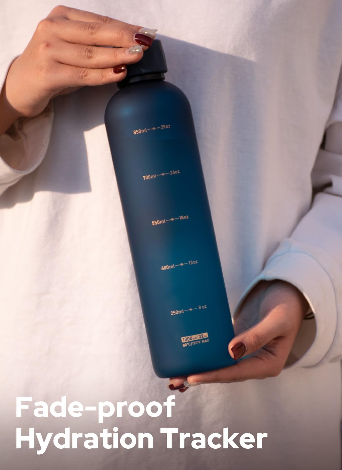 Opard Slim Pro Botella de agua de 32 onzas, botella de agua de plástico sin BPA, con textura de agarre de goma facetada, monocap a prueba de fugas, color azul medianoche, reutilizable para viajes