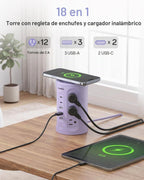 Regleta de alimentación con puertos USB, cable de extensión con múltiples salidas (12AC+3A+2C), estación de carga de torre de escritorio de 6.5 pies para el hogar, oficina, artículos esenciales para