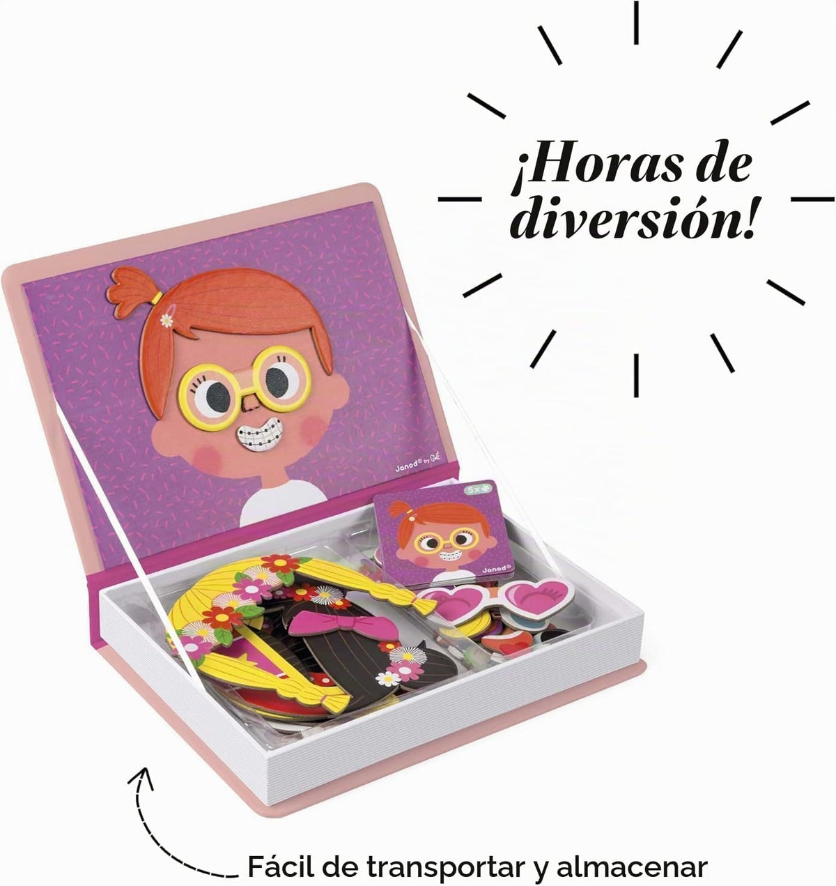 Janod MagnetiBook - Juego de 66 piezas magnéticas para niñas de 3 años en adelante, juego creativo, mejora la creatividad y el aprendizaje, incluye 55 piezas magnéticas y 10 tarjetas