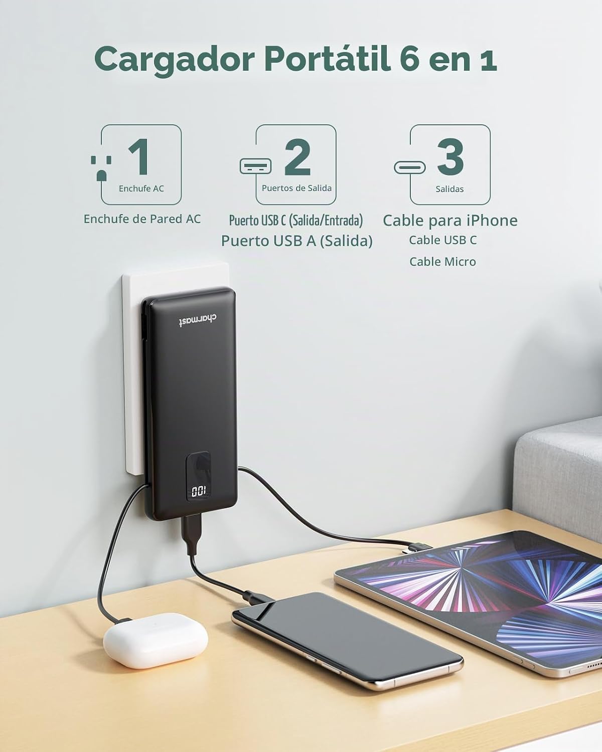 charmast Banco portátil 10000mAh del poder del cargador con el enchufe
