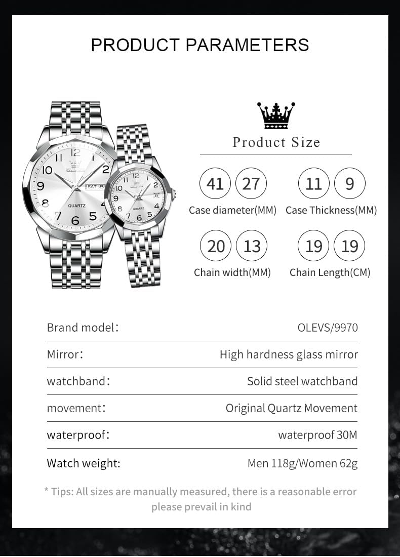 OLEVS Relojes de Pareja de San Valentín - Lujo, Moda para Hombre y Mujer, Juego de Relojes
