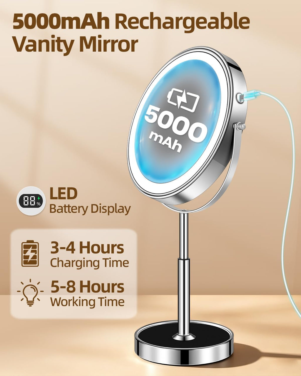 Espejo de maquillaje iluminado de 9 pulgadas con luz, espejo ajustable de