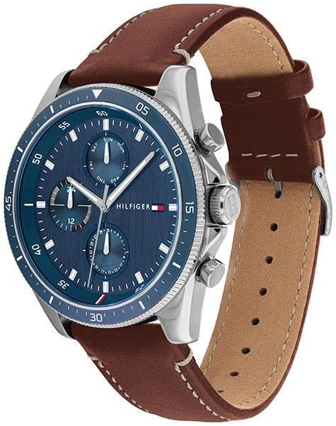 Tommy Hilfiger Reloj casual Qtz Multifunción de Acero Inoxidable y Correa de Cuero para Hombre, Color: Azul (Modelo: 1791839)