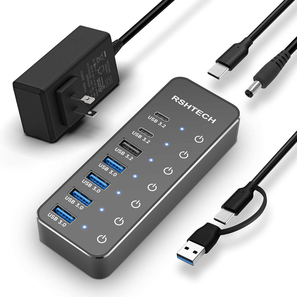 RSHTECH, RSH-ST07C, hub USB 3.2 de 7 puertos, alimentado, adaptador 5V/3A