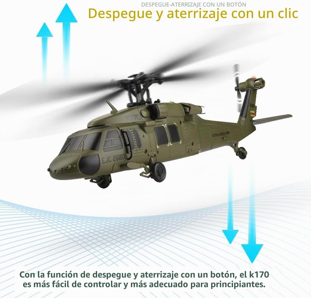GoolRC Helicóptero RC sin escobillas, helicóptero de control remoto WLtoys K170, avión RC militar de 4 canales con giroscopio de 6 ejes, fácil de volar para adultos y principiantes