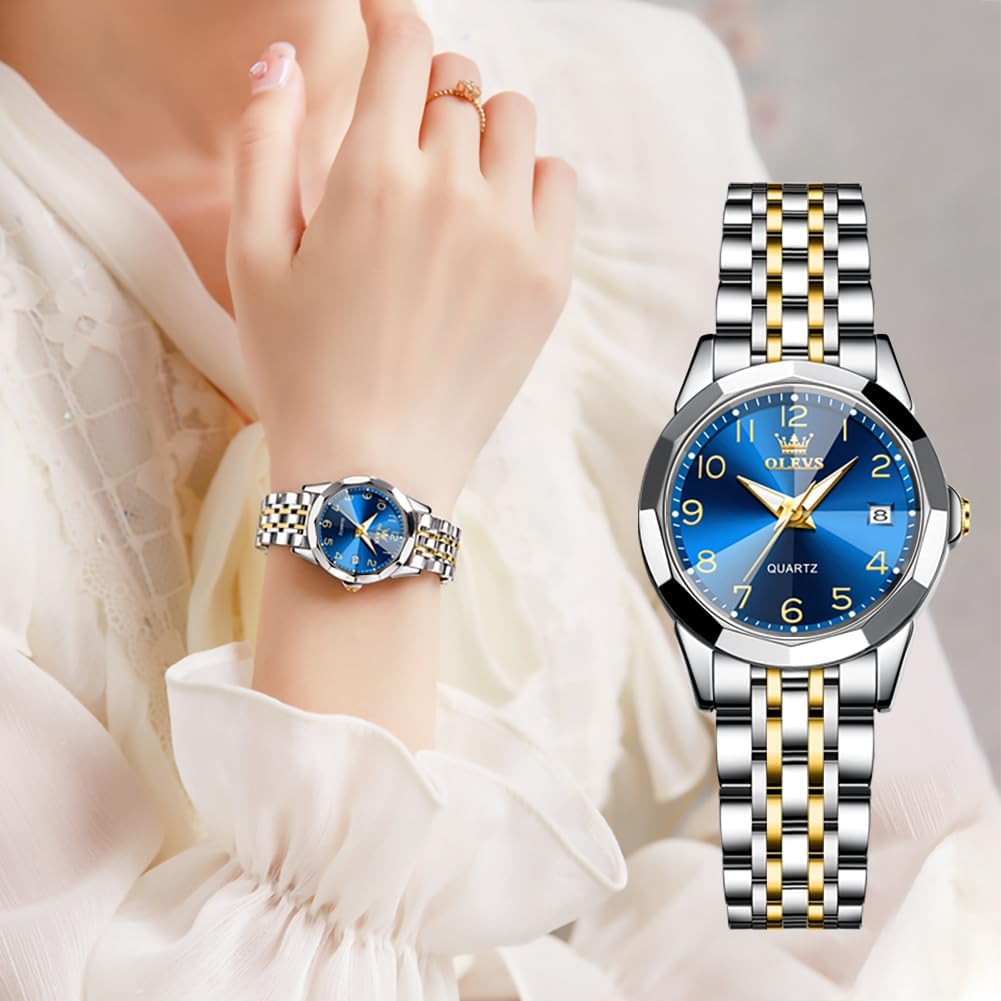 OLEVS Reloj Femenino Clásico de Mujer para Damas Análogo Acero Inoxidable Resistente al Agua Luminosa Día Fecha Dos Tonos de Fácil Lectura en la Muñeca