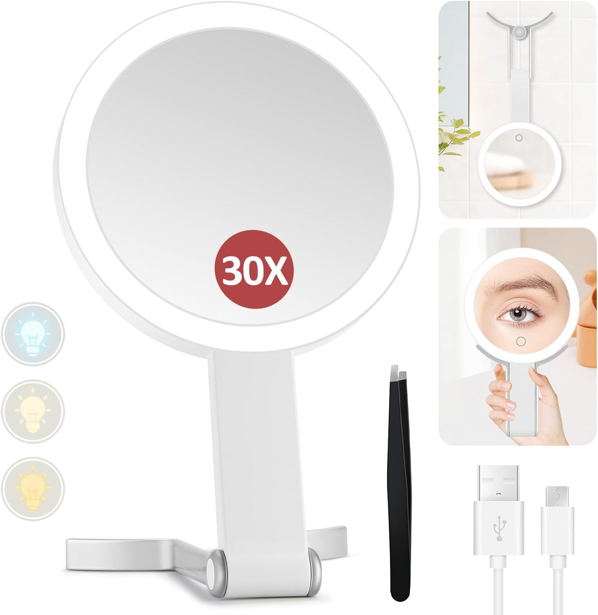 MIYADIVA Espejo de maquillaje con aumento de 30X con luz, espejo de maquillaje de viaje de doble cara 1X/30X, 56 luces LED, 3 modos de color, regulable, recargable USB-C, espejo de tocador plegable portátil para mujer