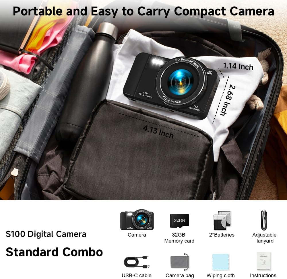 Cámara digital, cámara compacta 4K WiFi 75MP con pantalla táctil zo...