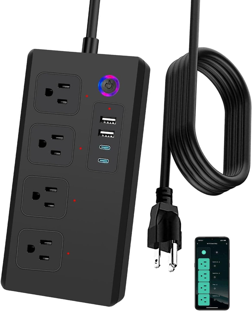 Jinvoo Regleta de alimentación inteligente WiFi, enchufe múltiple con 4 salidas de CA, 4 puertos USB, no requiere concentrador, funciona con Google Home, certificado ETL (regletas de alimentación