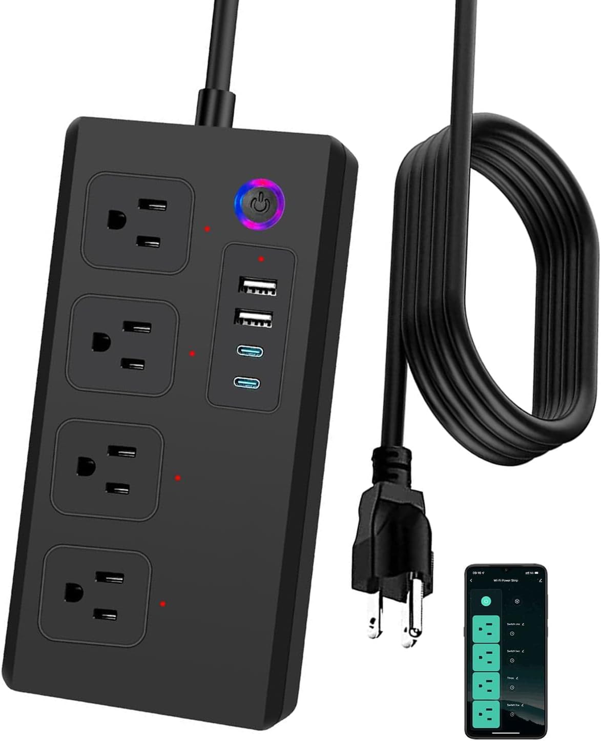 Jinvoo Regleta de alimentación inteligente WiFi, enchufe múltiple con 4 salidas de CA, 4 puertos USB, no requiere concentrador, funciona con Google Home, certificado ETL (regletas de alimentación