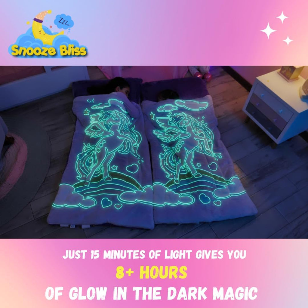 Saco de dormir de unicornio para niños: los sacos de dormir que brillan en la oscuridad son divertidos regalos de unicornio para niñas. Perfecto para fiestas de pijamas, camping, tapete de siesta de felpa para preescolar, con bolsillo para almohada, más