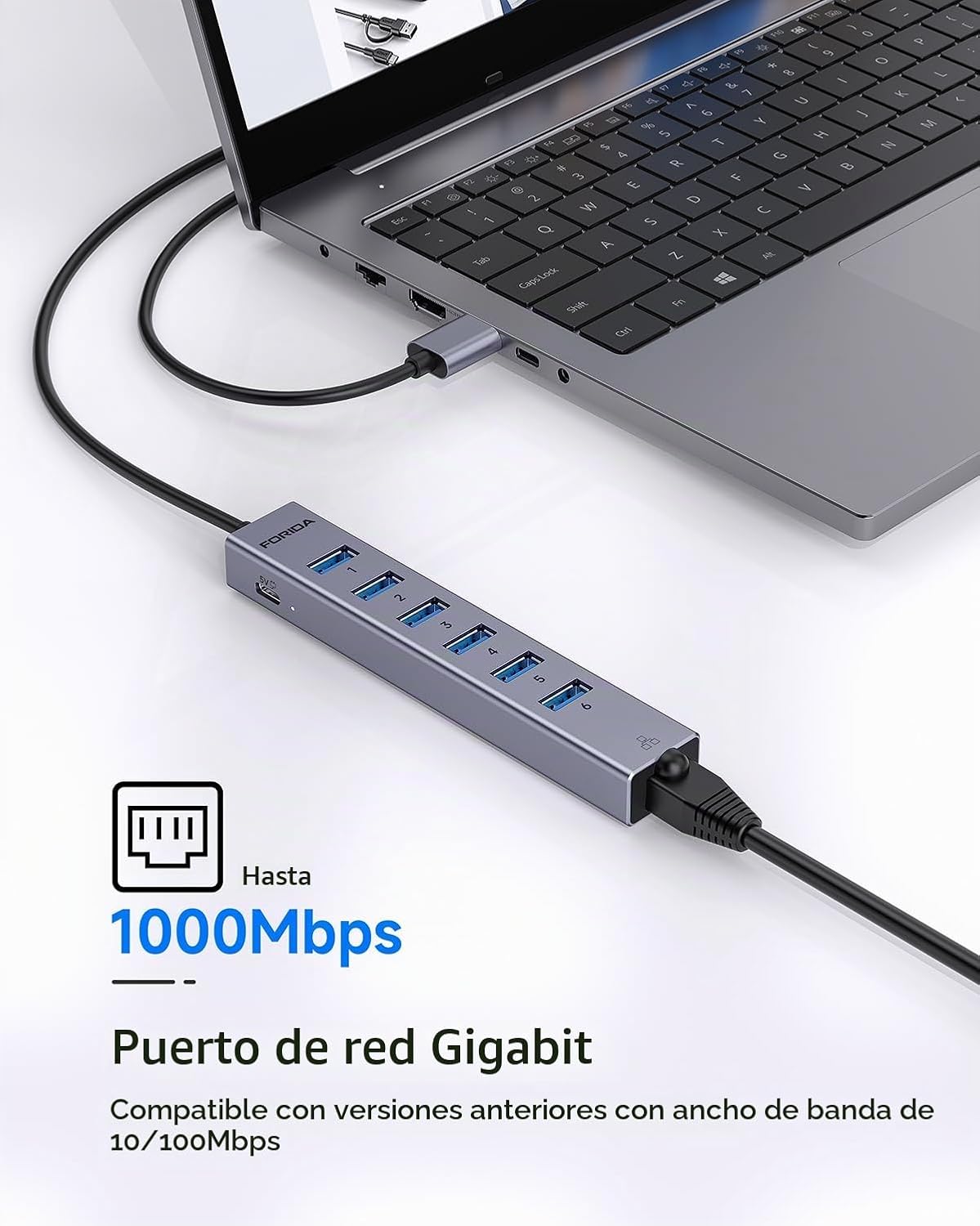 FORIDA, hub USB 8 de 7 puertos, con puerto de carga inteligente, adaptador 5V/3A