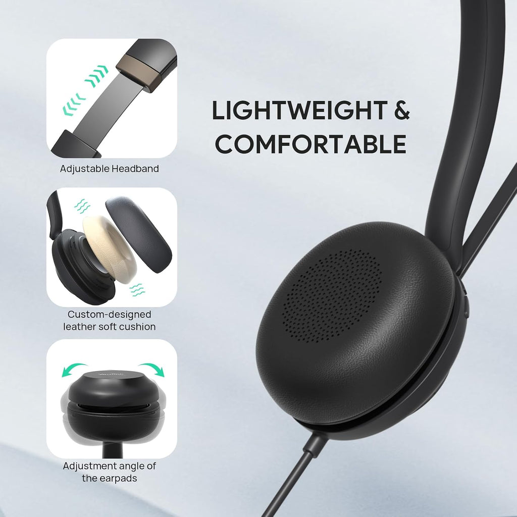 Yealink Auriculares USB UH37 con micrófono de cancelación de ruido, auriculares con cable para computadora portátil, certificados por equipos, cable USB-A/C, funciona con zoom y otras plataformas UC