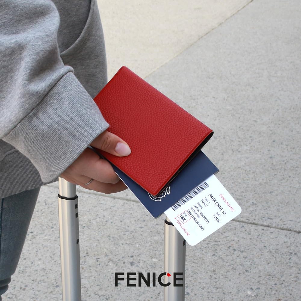 Fenice Funda clásica para pasaporte, funda tipo cartera para viajes, esencial, bloqueo RFID, piel vegana, impermeable, Naranja