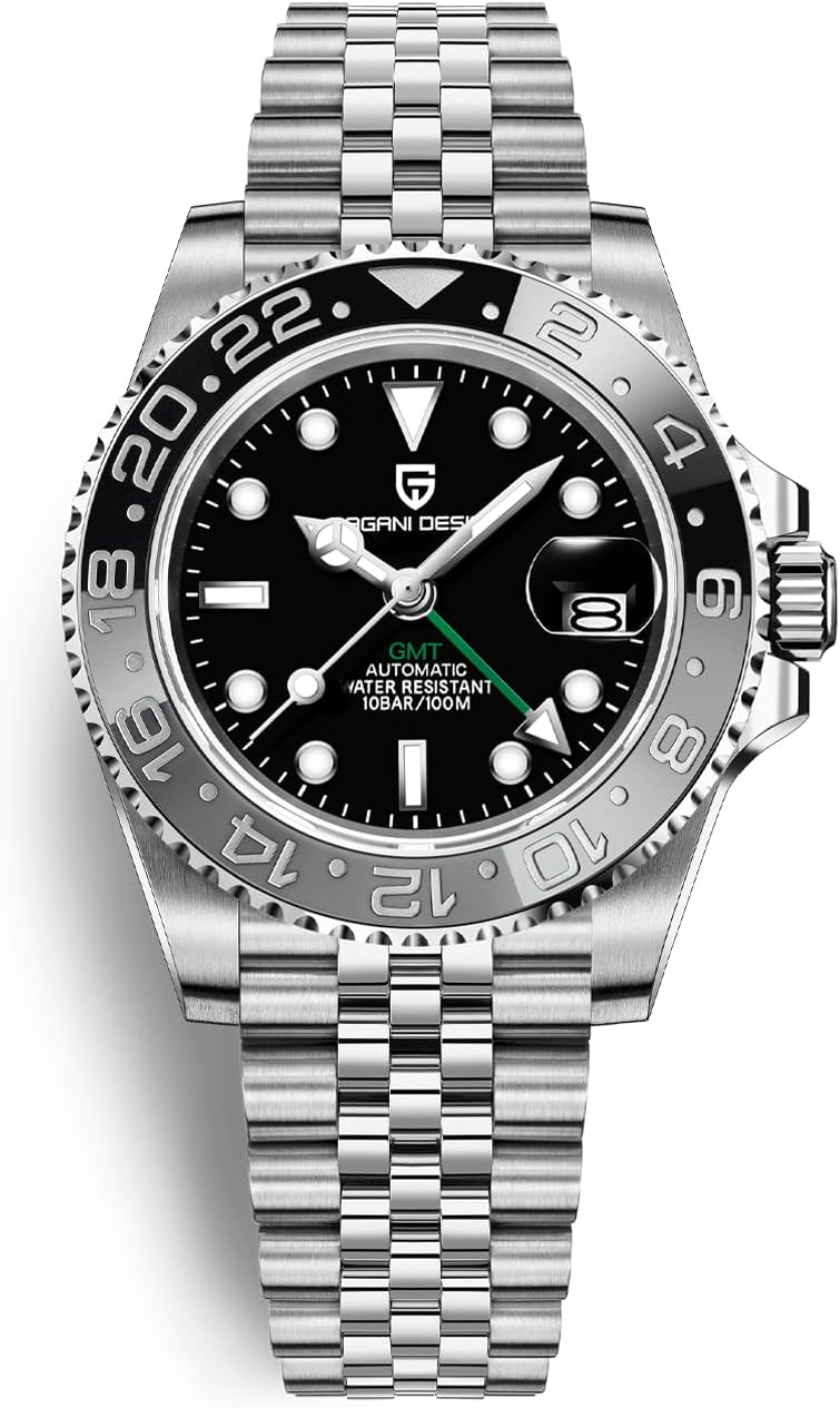 Reloj Pagani Design GMT para hombre, reloj automático de 1.575 pulgadas (40 mm), fecha, 100M resistente al agua, acero inoxidable, cristal de zafiro, reloj mecánico de pulsera PD-1662