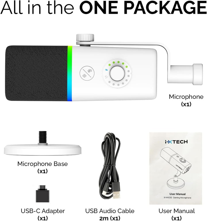 IXTECH Micrófono USB Gaming para PC, micrófono condensador con canc...